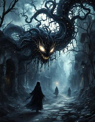 The primary subject of the image is a large, gnarled tree with a face carved into it, giving it a demonic appearance. The tree is located in a dark, foreboding forest, with a few other trees visible in the background. The visual style of the image is a digital art or illustration, creating a sense of eeriness and mystery. The dominant colors in the image are dark shades, such as black, brown, and grey, which contribute to the overall mood of the scene.